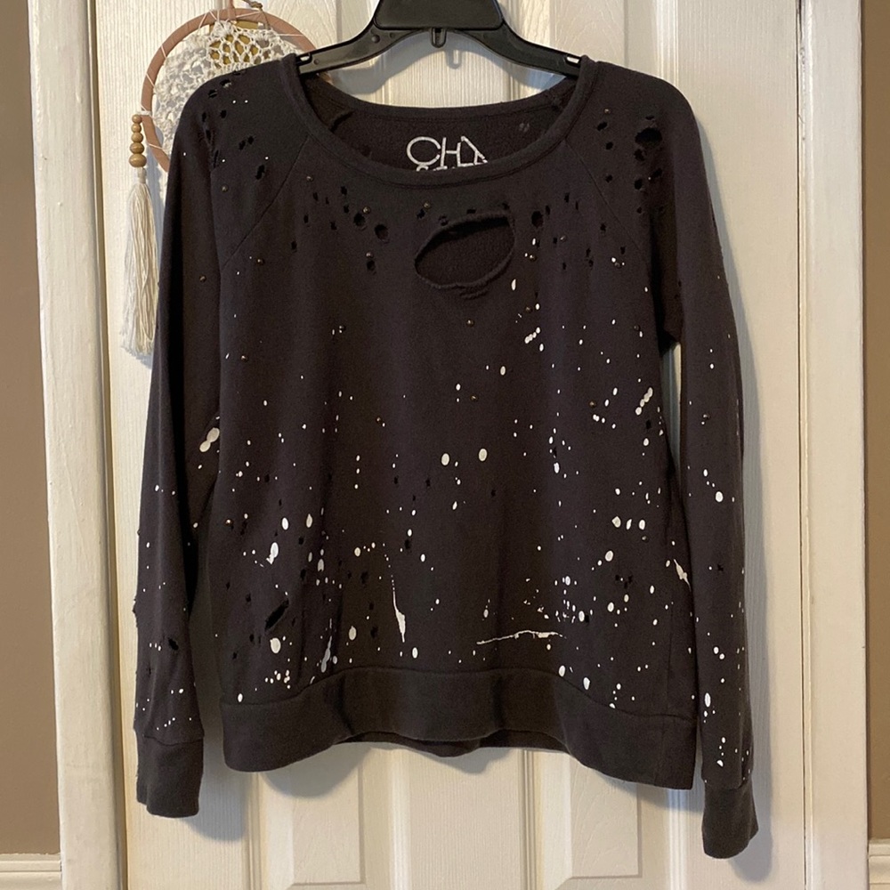 Chaser charcoal paint splatter and stud distressed sweatshirt w holes
Aisle “i - Picture 2 of 8